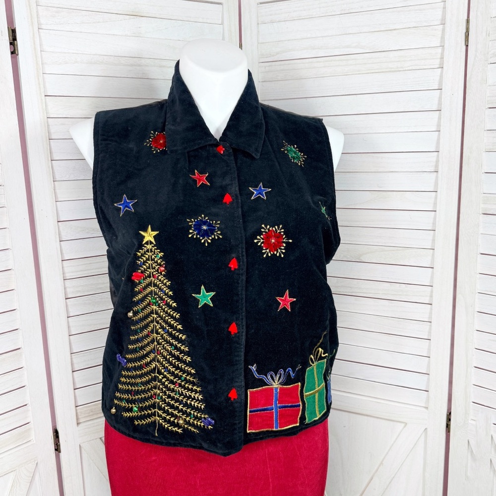 Vintage 90s DressBarn Velvet Embroidered Christmas Button Up Vest‎ Top Black XL